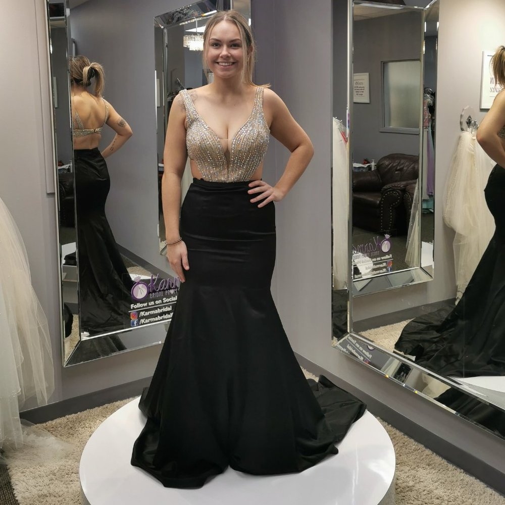 Black/gold satin prom/formal event dress, size 8, size 4, size 2